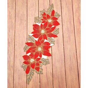 VTG Christmas Poinsettia Table Runner Beaded Floral Holiday Decor Party Display